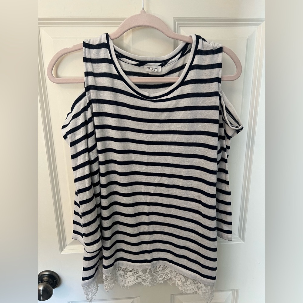 Striped Knit Cold Shoulder Top with Lace Hem